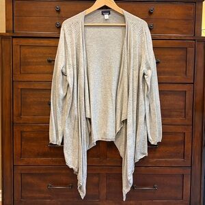 Basic Editions Womens Gray Cardigan XL Cotton Open Front Drapey Crochet Detail